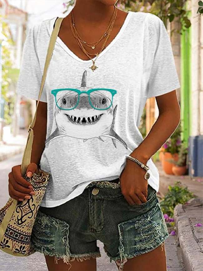Women's Fun Funny Glasses Animal Shark Print V-neck T-shirt