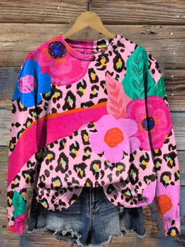Pink Leopard Flower Art Print Round Neck Long Sleeve Sweatshirt