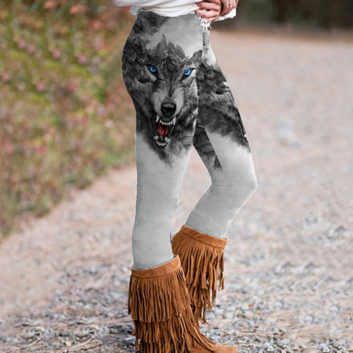 Vintage Western Wolf Print Casual Leggings