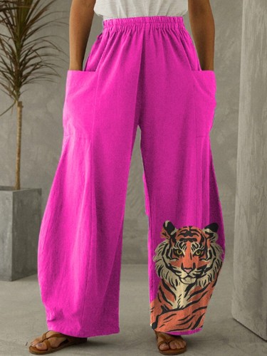 Women's Pink Tiger Elastic Waist Wide Leg Pants Trousers Casual Pants
