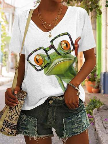 Women's Funny Frog Print Casual V-Neck Tee