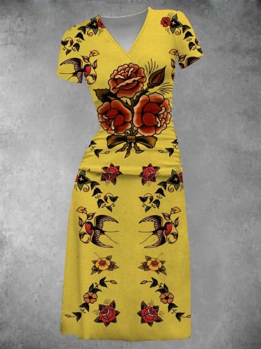 Women's Vintage Rose Print Graphic Midi Dress Set