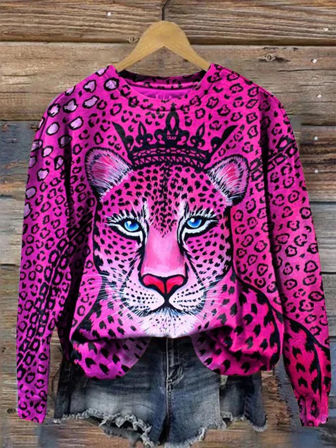 Women's Leopard Print Long Sleeve Crewneck Sweatshirt