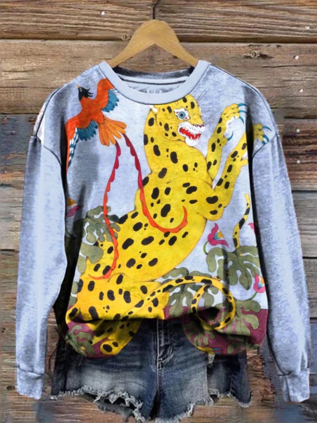 Women's Leopard Jungle Art Print Crewneck Sweatshirt