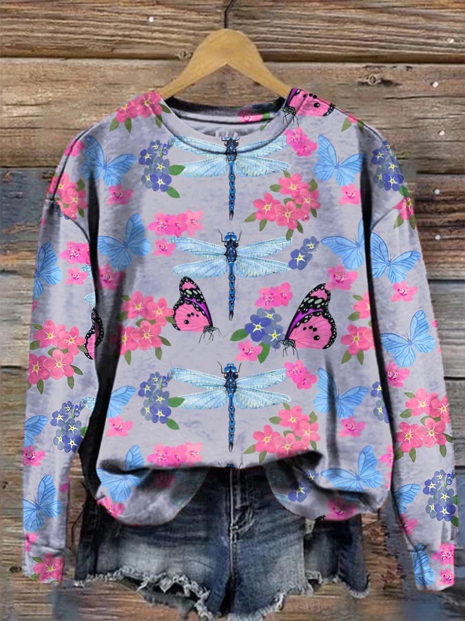 Ladies Dragonfly Floral Print Long Sleeve Crewneck Sweatshirt