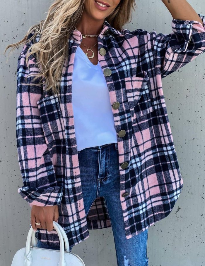 Plaid Pocket Turn-Down Collar Shirt Coat