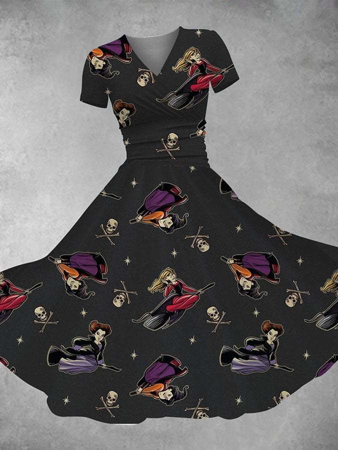 Halloween V-neck Witch Print Dress