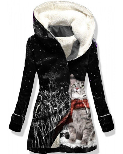 Cat Winter Warm Casual Print Sports Coat