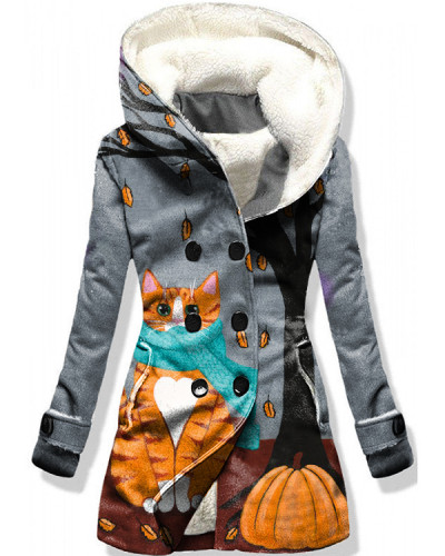 Cat Winter Warm Casual Print Sports Coat