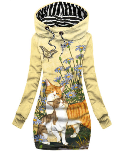 Casual Cat Print Hooded Sweatshirt