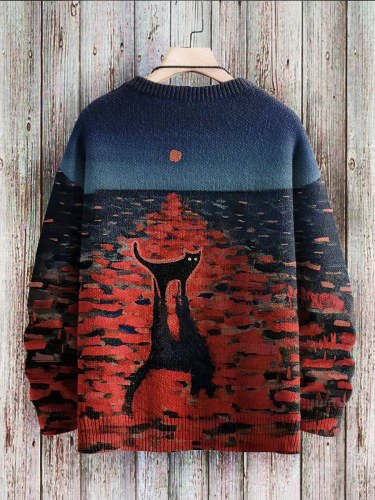 Vintage Cat Art Print Slouchy Knit Pullover Sweatshirt
