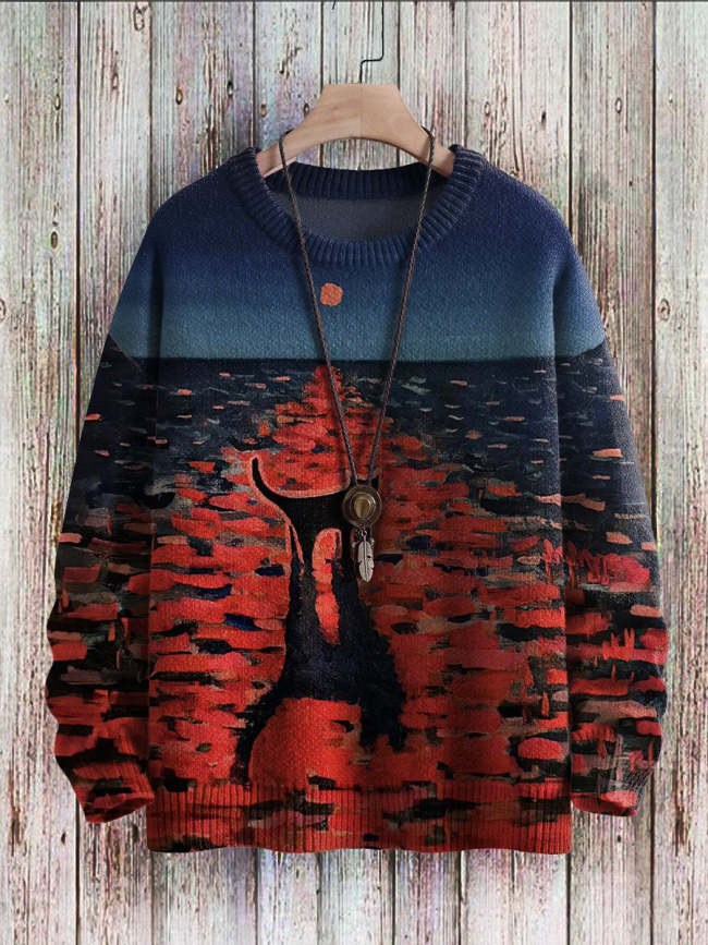 Vintage Cat Art Print Slouchy Knit Pullover Sweatshirt