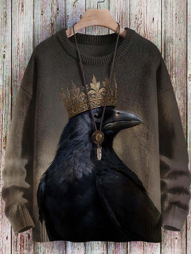 Halloween Crow Print Pullover Knitted Sweater