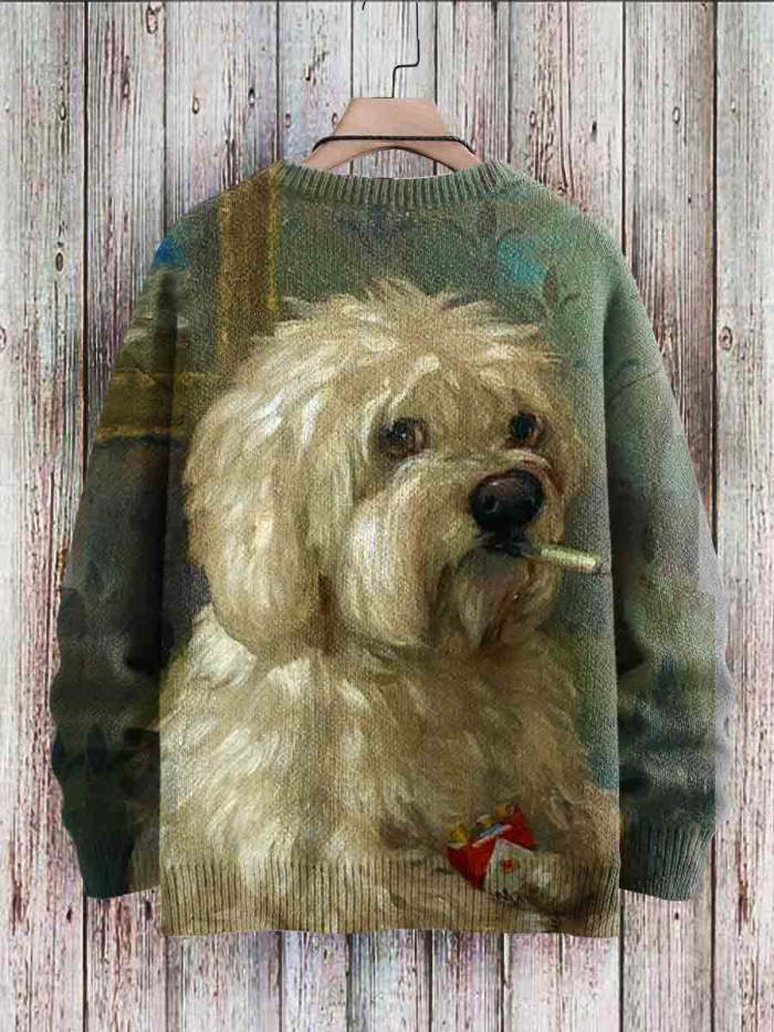 Vintage Cute Dog Art Print Casual Knit Pullover Sweater