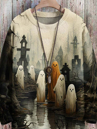 Halloween Graveyard Ghost Vintage Art Vibe Print Sweater