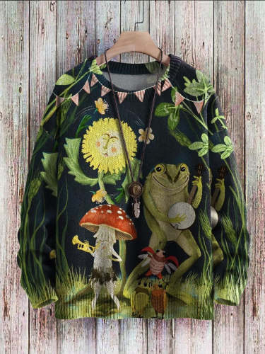 Vintage Cute Frog Music Dance Art Pattern Print Casual Knit Pullover Sweatshirt