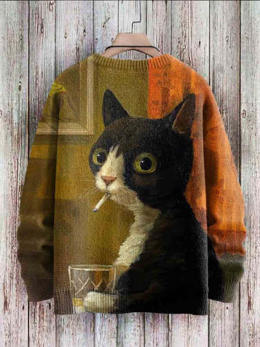 Vintage Cute Cat Art Print Casual Knit Pullover Sweater