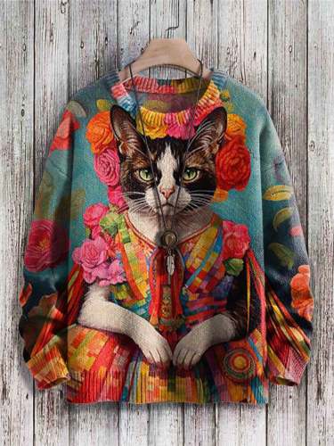 Frida Cat Art Pattern Print Casual Knit Pullover Sweatshirt