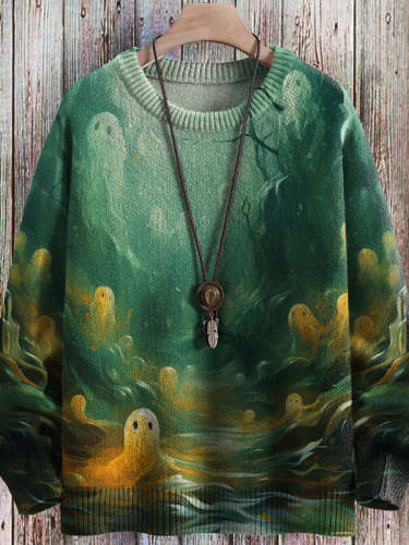 Halloween Retro Art Graphic Slouchy Print Pullover Sweater