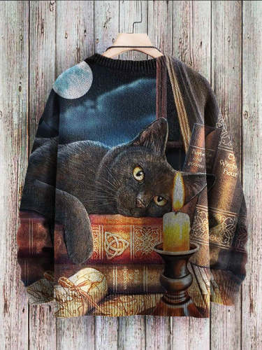 Vintage Cute Black Cat Art Pattern Print Casual Knit Pullover Sweatshirt