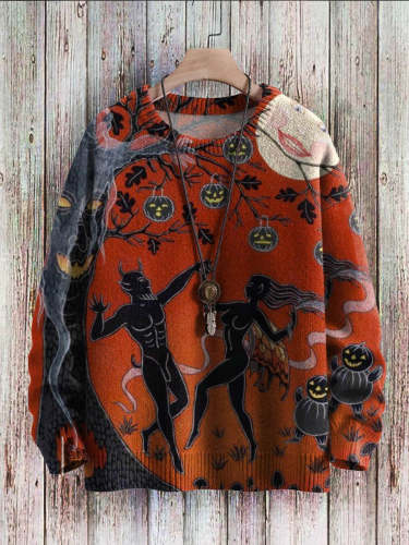 Halloween Devil Dance Pumpkin Ghost Art Pattern Print Casual Knit Pullover Sweatshirt