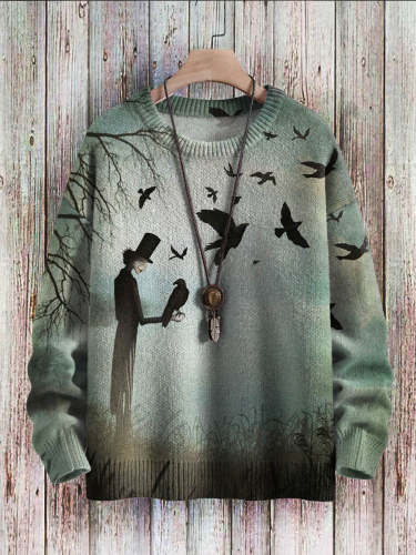 Halloween Wizard Raven Art Pattern Print Casual Knit Pullover Sweatshirt