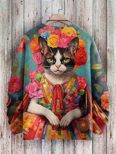 Frida Cat Art Pattern Print Casual Knit Pullover Sweatshirt