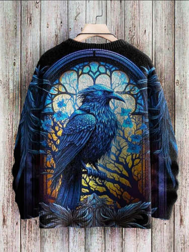 Halloween Vintage Raven Art Pattern Print Casual Knit Pullover Sweatshirt