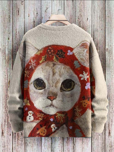 Vintage Cute Kerchief Cat Art Print Casual Knit Sweatshirt