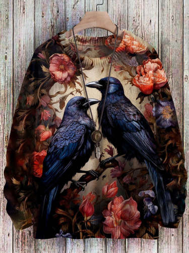 Vintage Raven and Floral Art Pullover Knitted Sweater