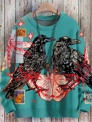 Crow Art  Print Pullover Knitted Sweater