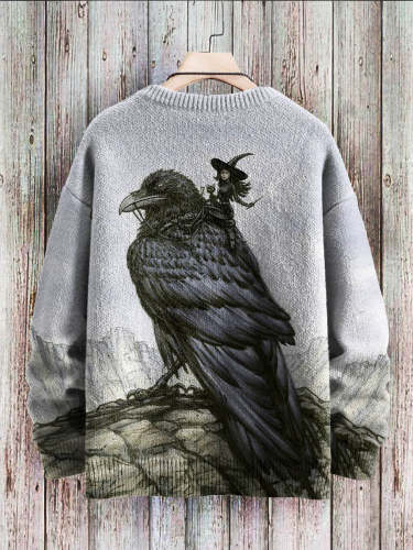 Halloween Raven Witch Art Pattern Print Casual Knit Pullover Sweatshirt
