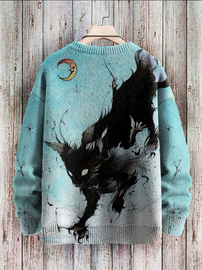 Vintage Cat Art Print Slouchy Knit Pullover Sweatshirt