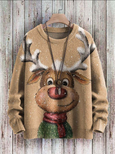 Unisex Christmas Cute Animal Elk Smile Snowflake Art Print Casual Knit Sweatshirt