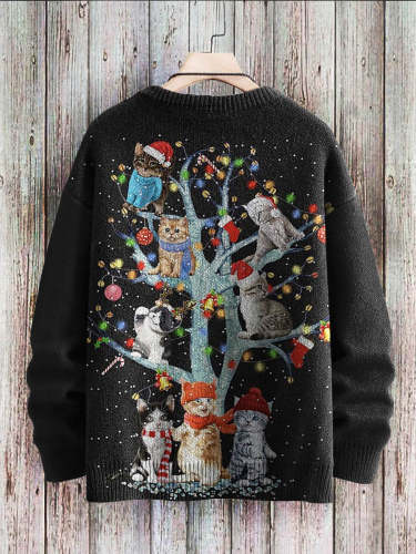 Christmas Cute Cats Decoration Pattern Art Print Casual Knit Pullover Sweatshirt