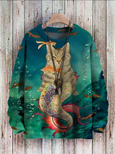 Vintage Cat Fun Mermaid Art Print Casual Pullover Knitted Sweater