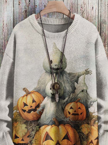 Halloween Pumpkin Ghost Vintage Art Vibe Print Sweater