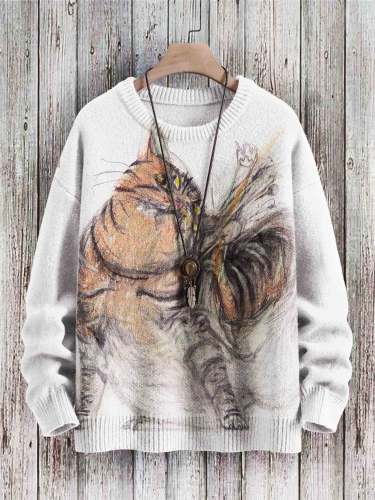 Vintage Cute Cat Art Print Casual Knit Pullover Sweater