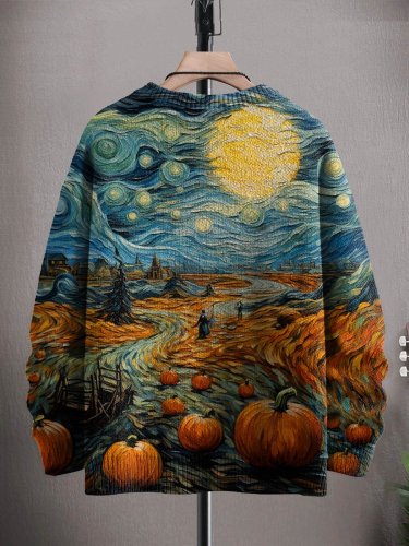Unisex Art Autumn Harvest Pumpkins Halloween Print Casual Knit Sweatshirt