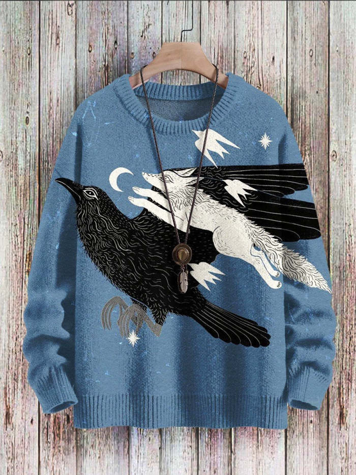 Crow Art  Print Pullover Knitted Sweater