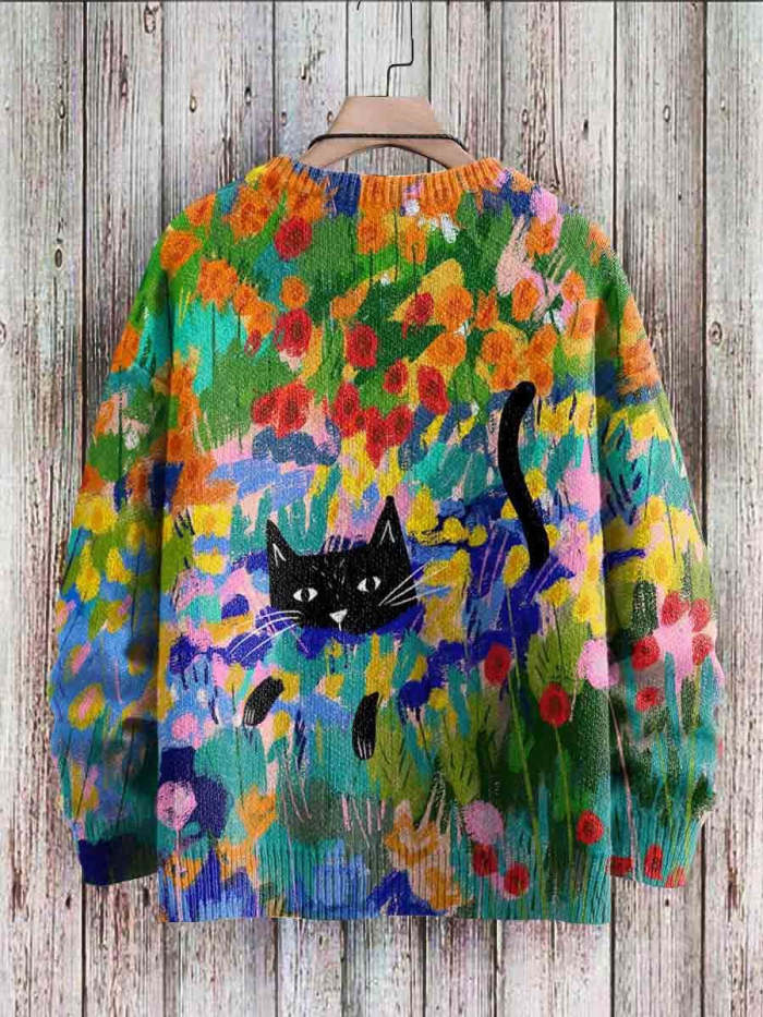 Vintage Cute Cat Art Print Casual Knit Pullover Sweater