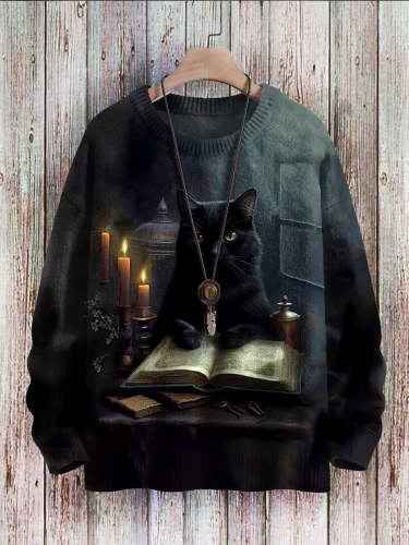 Halloween Cat Art Casual Print Pullover Knitted Sweater