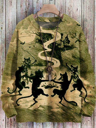 Retro black cats dancing under the moonPrint Pullover Knitted Sweater