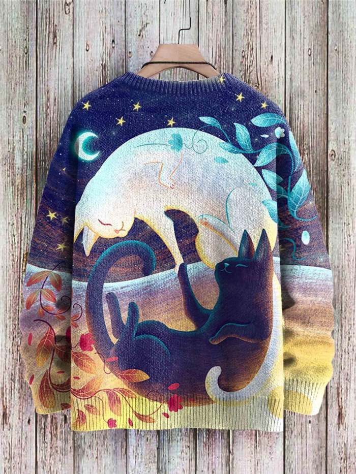 Vintage Cute Cat Art Print Casual Knit Pullover Sweater