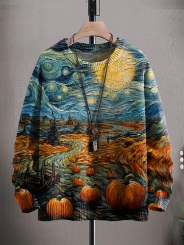 Unisex Art Autumn Harvest Pumpkins Halloween Print Casual Knit Sweatshirt