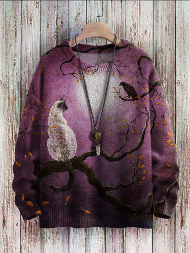 Vintage Cat Art Print Slouchy Knit Pullover Sweatshirt