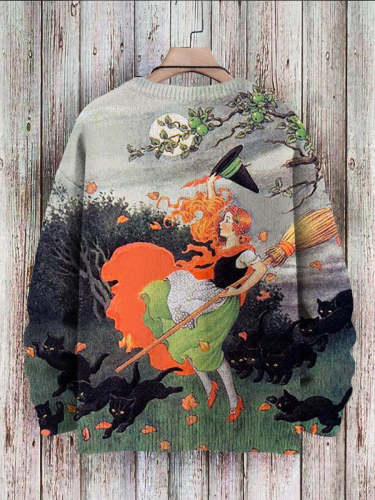 Halloween Witch Black Cat Art Print Casual Knit Pullover Sweatshirt