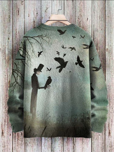 Halloween Wizard Raven Art Pattern Print Casual Knit Pullover Sweatshirt