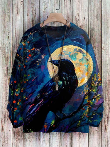Moonlight Raven Art Pullover Knitted Sweater