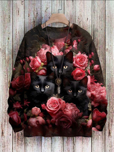 Cat Art Casual Print Pullover Knitted Sweater